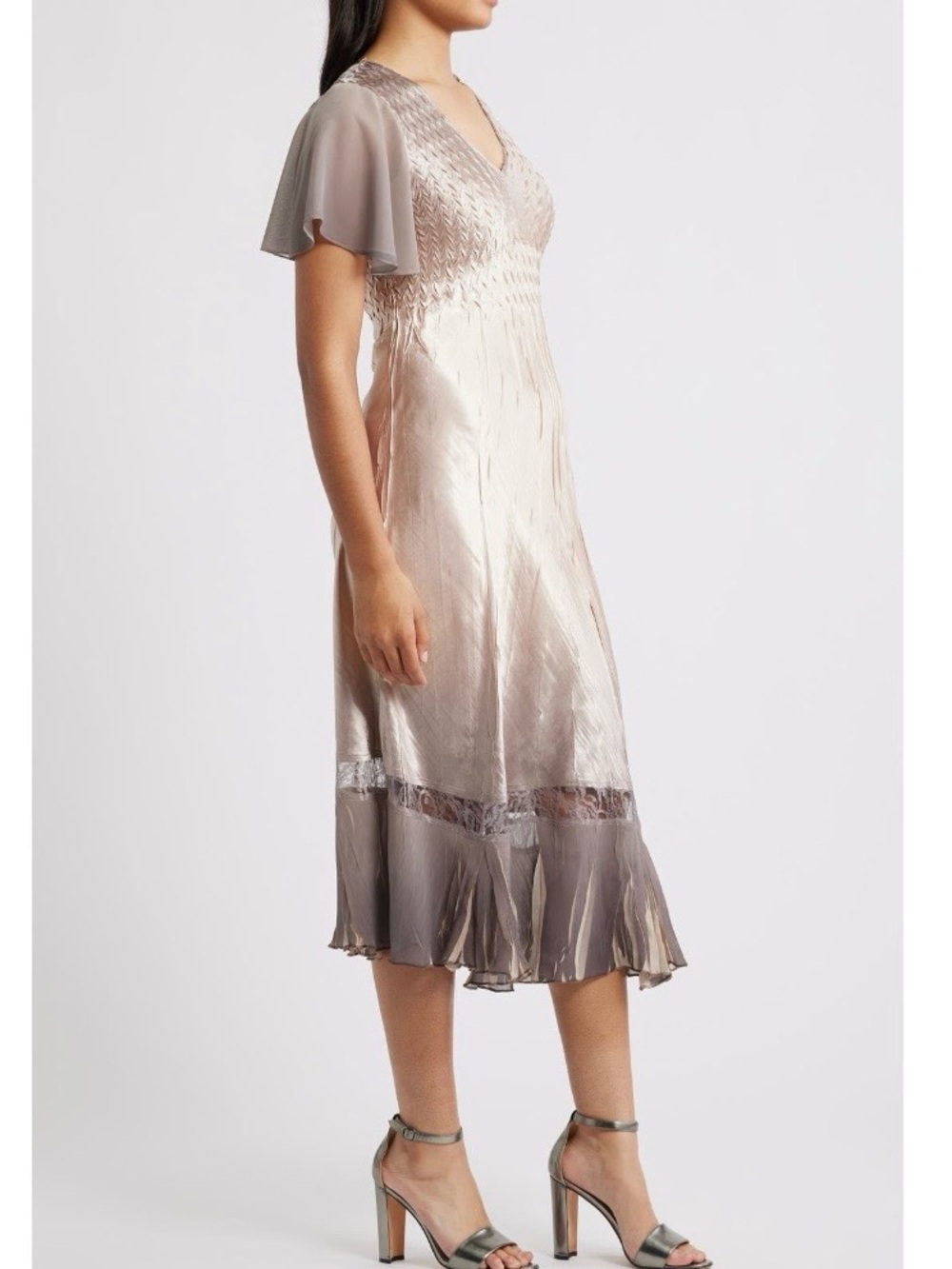 Komarov Metallic Champagne Maxi Dress with Flutter Sleeves - Picture 4 of 12